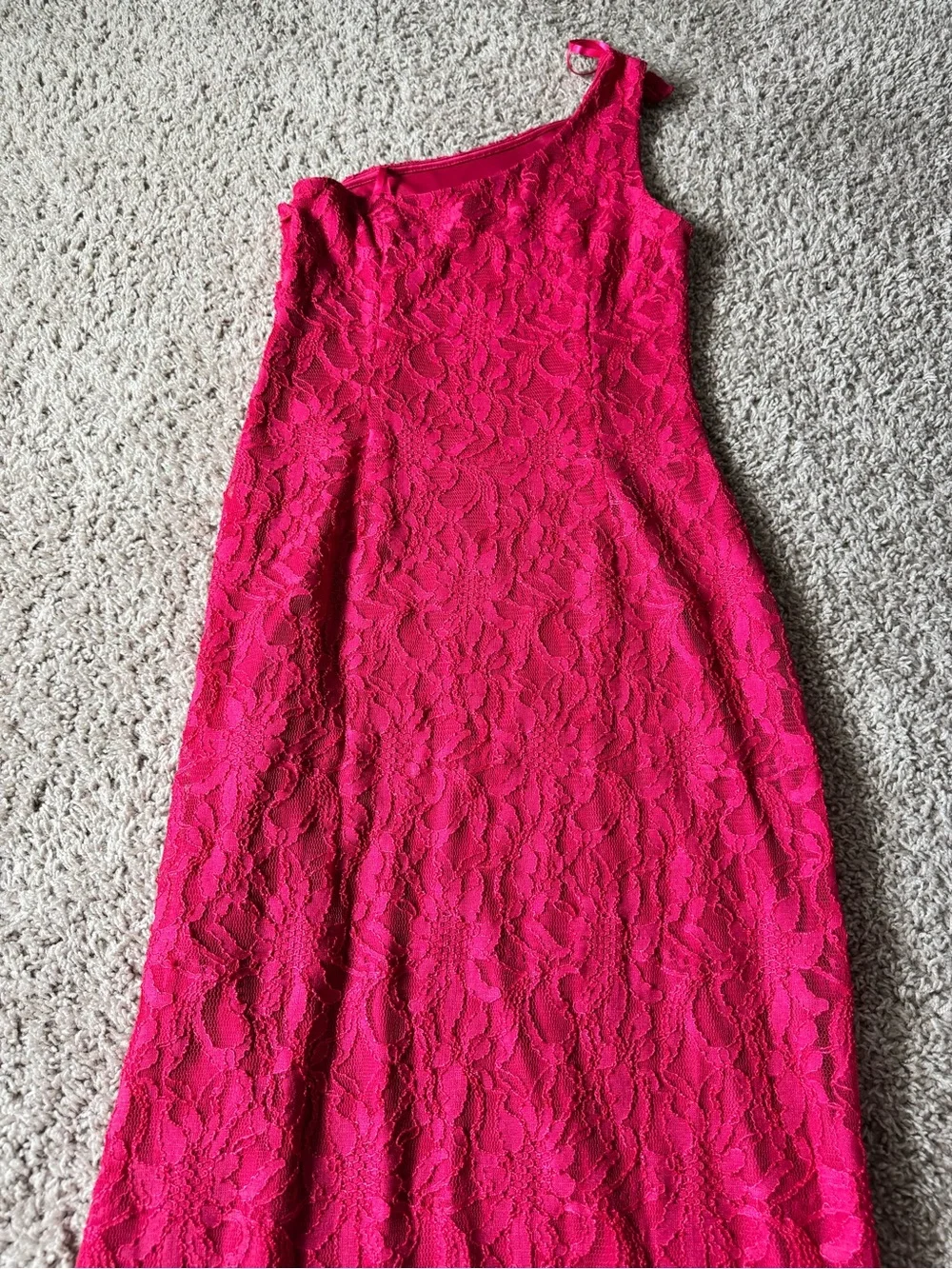 Adrianna Papell Hot Pink One-Shoulder Lace Dress with Jewel Buckle